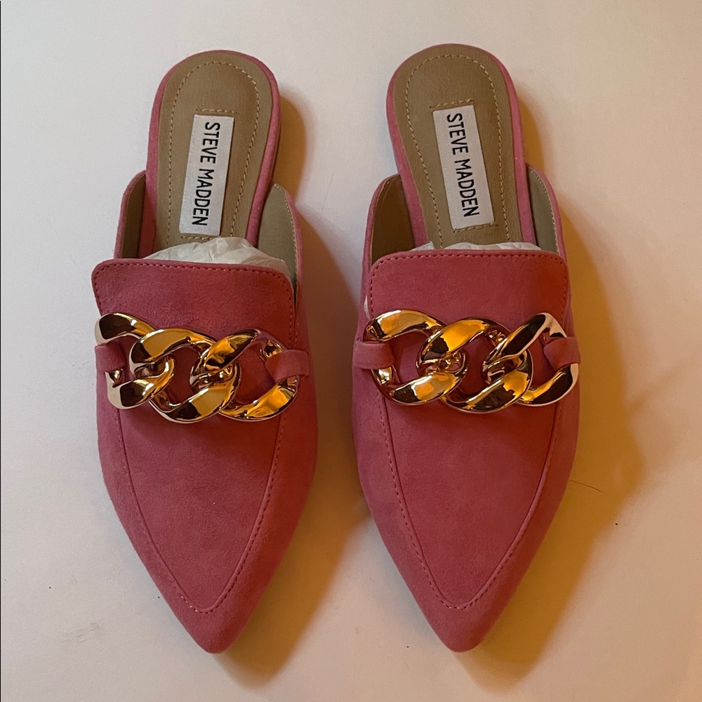 Steve Madden Suede Pink Mules with Gold Chain